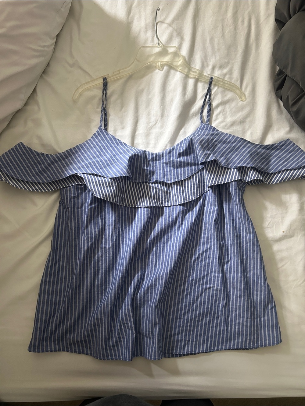 Away Blue and White Striped Ruffle Off-Shoulder Camisole